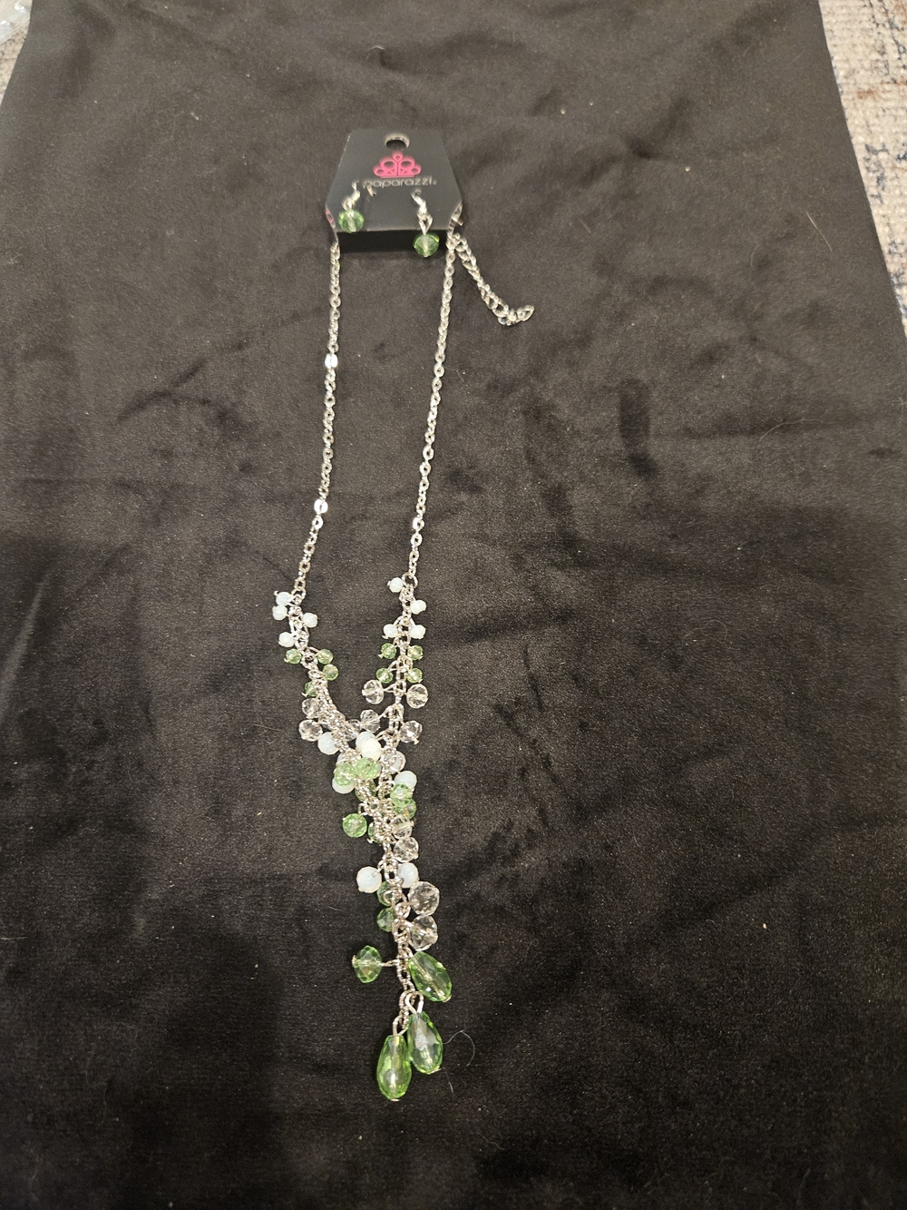 paparazzi Silver Necklace with Green and Clear Crystal Drops